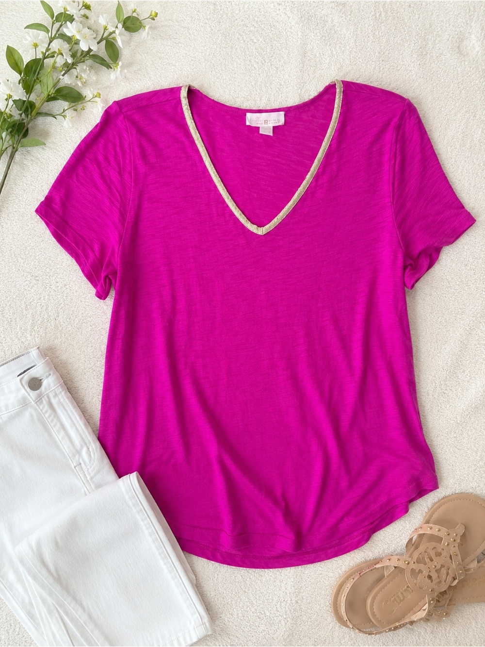 💕Belle by Kim Gravel Slub Knit Gold Trim V-Neck Top Sangria Pink Medium💕
